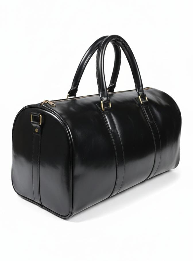Black leather duffle bag